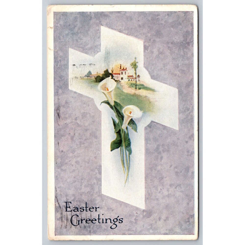 Postcard Easter Greetings Cross Lilies Church Gibson Posted 1919 Pottsville PA